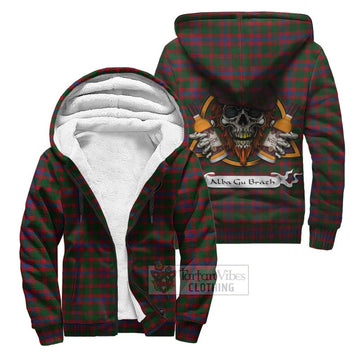 Logan Tartan Sherpa Hoodie with Family Crest and Bearded Skull Holding Bottles of Whiskey