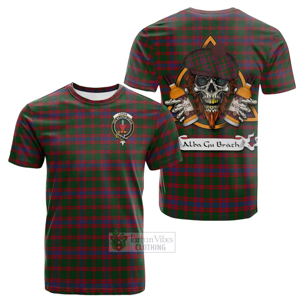 Tartan Vibes Clothing Logan Tartan Cotton T-shirt with Family Crest and Bearded Skull Holding Bottles of Whiskey