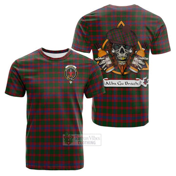 Logan Tartan Cotton T-shirt with Family Crest and Bearded Skull Holding Bottles of Whiskey