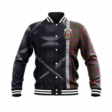 Logan Tartan Baseball Jacket with Family Crest Cross Sword Thistle Celtic Vibes