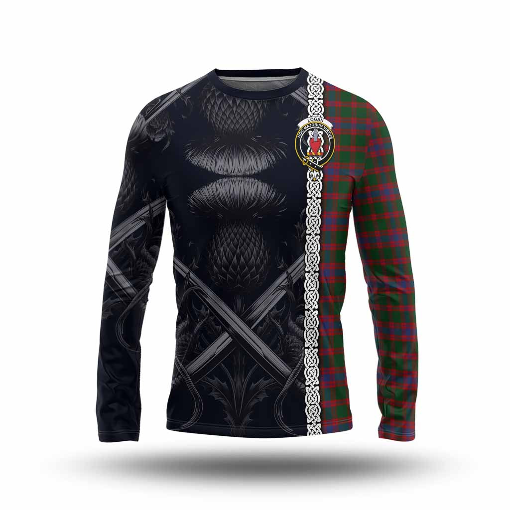 Tartan Vibes Clothing Logan Tartan Long Sleeve T-Shirt with Family Crest Cross Sword Thistle Celtic Vibes