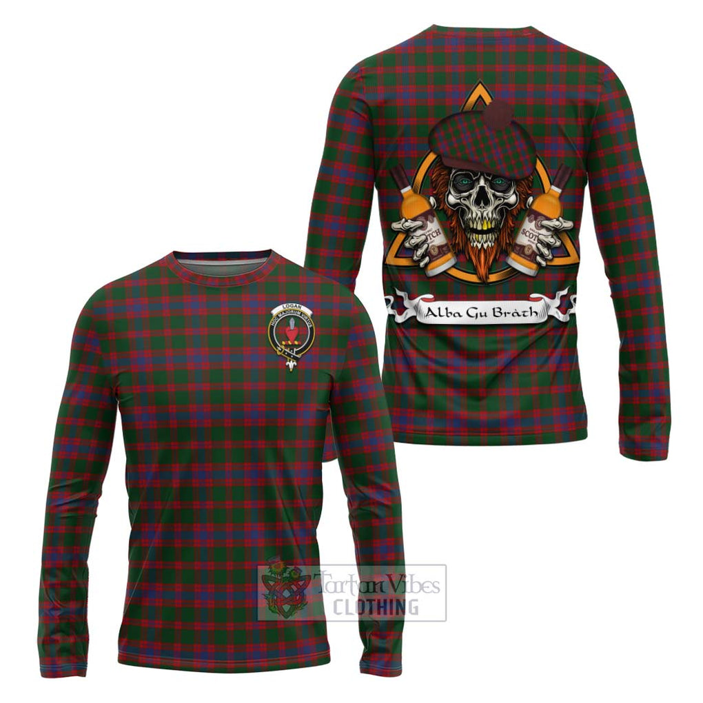 Tartan Vibes Clothing Logan Tartan Long Sleeve T-Shirt with Family Crest and Bearded Skull Holding Bottles of Whiskey