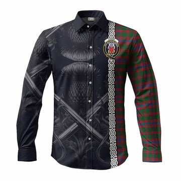 Logan Tartan Long Sleeve Button Shirt with Family Crest Cross Sword Thistle Celtic Vibes