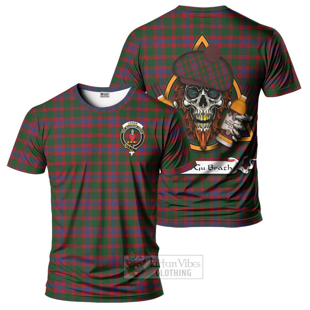 Tartan Vibes Clothing Logan Tartan T-Shirt with Family Crest and Bearded Skull Holding Bottles of Whiskey