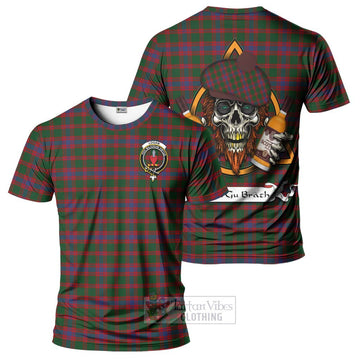 Logan Tartan T-Shirt with Family Crest and Bearded Skull Holding Bottles of Whiskey