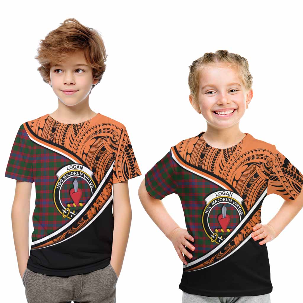 Tartan Vibes Clothing Logan Crest Tartan Kid T-Shirt with Maori Tattoo Style - Orange Version