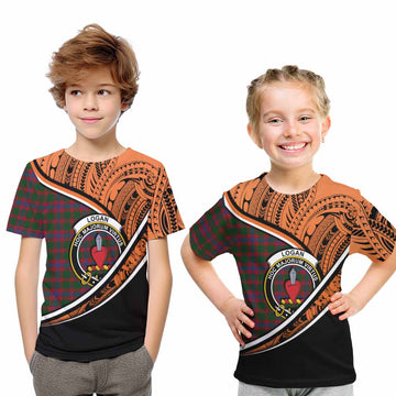 Logan Crest Tartan Kid T-Shirt with Polynesian Vibes Style - Orange Version