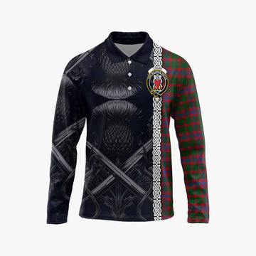 Logan Tartan Long Sleeve Polo Shirt with Family Crest Cross Sword Thistle Celtic Vibes