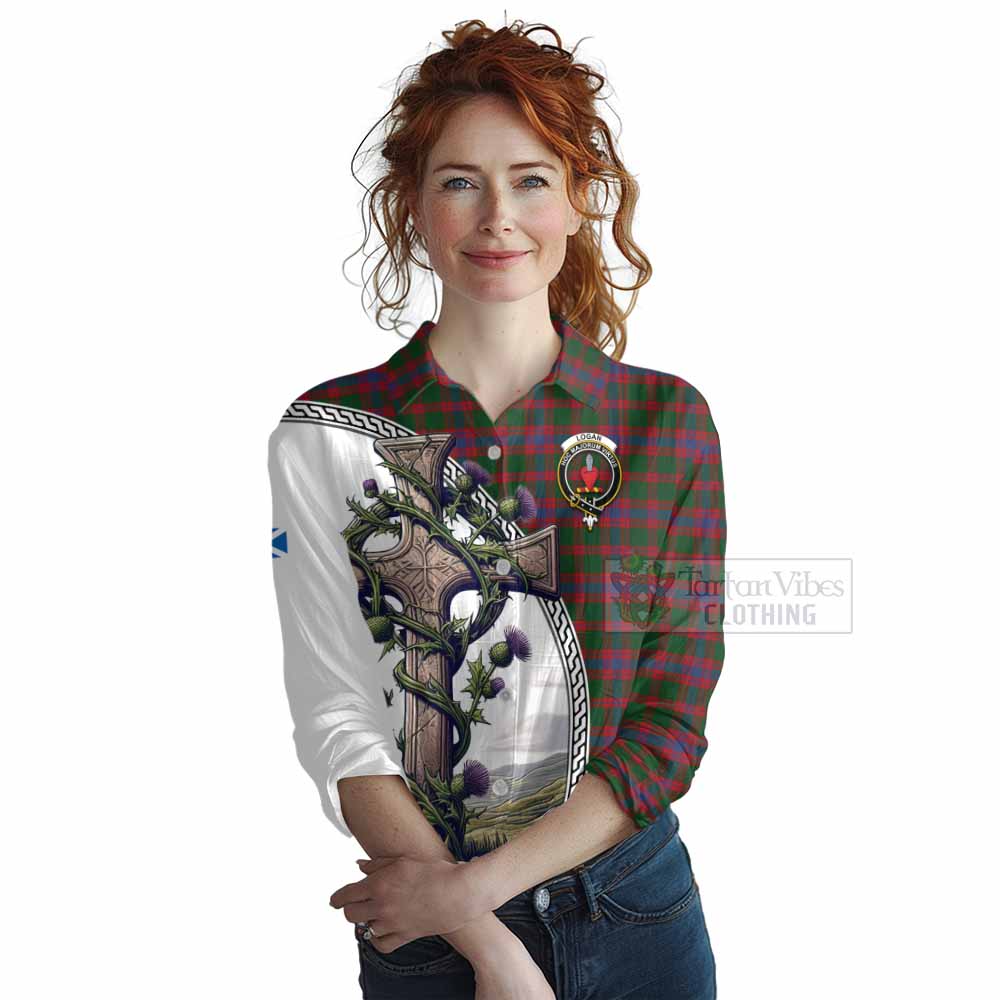 Tartan Vibes Clothing Logan Tartan Women's Casual Shirt with Family Crest and St. Andrew's Cross Accented by Thistle Vines