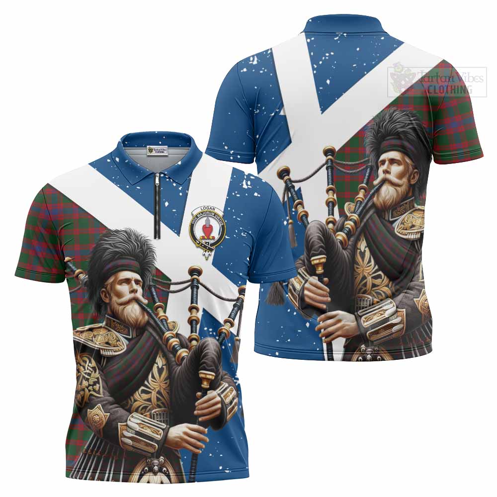 Tartan Vibes Clothing Logan Tartan Zipper Polo Shirt with Family Crest Scottish Bagpiper Vibes