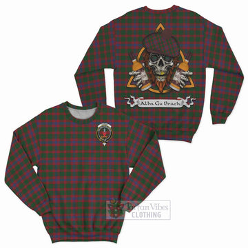 Logan Tartan Sweatshirt with Family Crest and Bearded Skull Holding Bottles of Whiskey