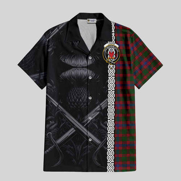 Logan Tartan Short Sleeve Button Shirt with Family Crest Cross Sword Thistle Celtic Vibes