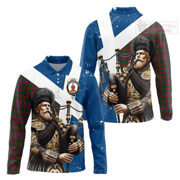 Logan Tartan Long Sleeve Polo Shirt with Family Crest Scottish Bagpiper Vibes