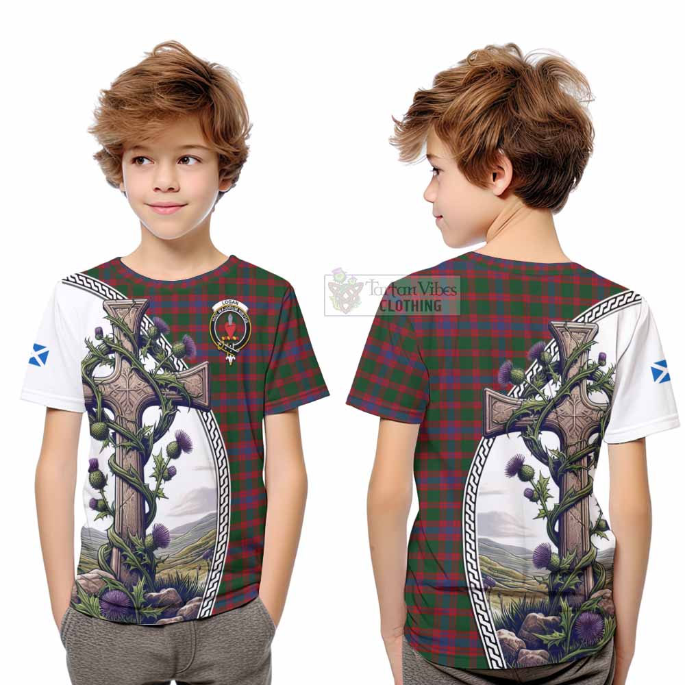 Tartan Vibes Clothing Logan Tartan Kid T-Shirt with Family Crest and St. Andrew's Cross Accented by Thistle Vines