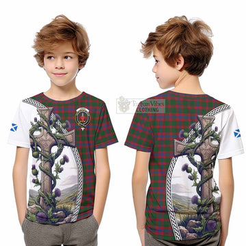 Logan Tartan Kid T-Shirt with Family Crest and St. Andrew's Cross Accented by Thistle Vines