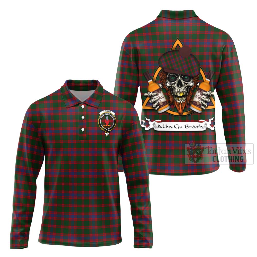 Tartan Vibes Clothing Logan Tartan Long Sleeve Polo Shirt with Family Crest and Bearded Skull Holding Bottles of Whiskey