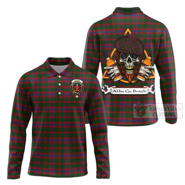 Logan Tartan Long Sleeve Polo Shirt with Family Crest and Bearded Skull Holding Bottles of Whiskey