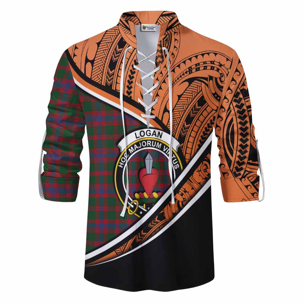 Tartan Vibes Clothing Logan Crest Tartan Ghillie Kilt Shirt with Maori Tattoo Style - Orange Version