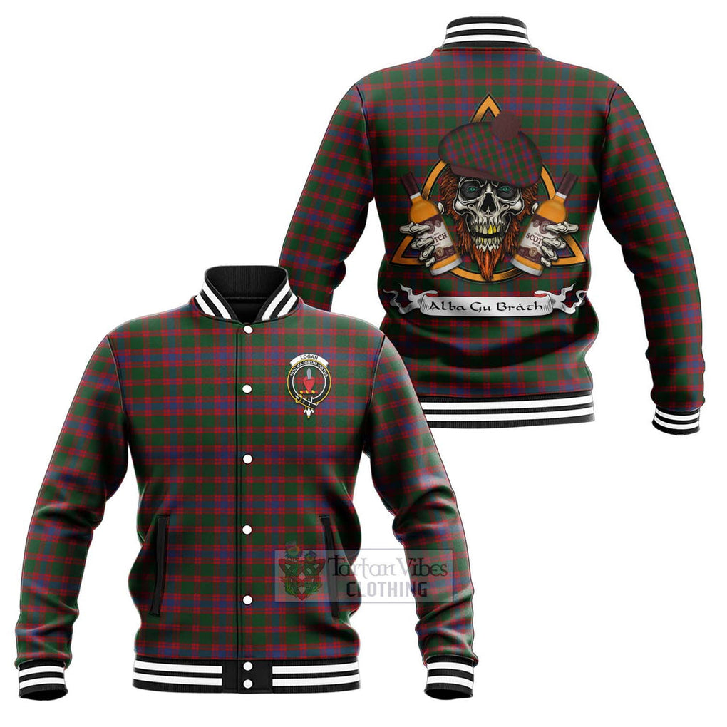 Tartan Vibes Clothing Logan Tartan Baseball Jacket with Family Crest and Bearded Skull Holding Bottles of Whiskey