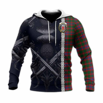 Logan Tartan Knitted Hoodie with Family Crest Cross Sword Thistle Celtic Vibes