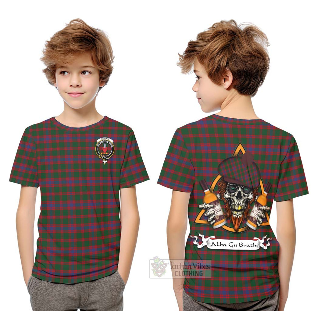 Tartan Vibes Clothing Logan Tartan Kid T-Shirt with Family Crest and Bearded Skull Holding Bottles of Whiskey