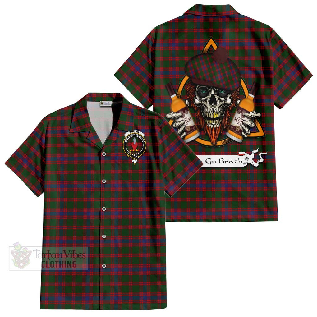 Tartan Vibes Clothing Logan Tartan Short Sleeve Button Shirt with Family Crest and Bearded Skull Holding Bottles of Whiskey