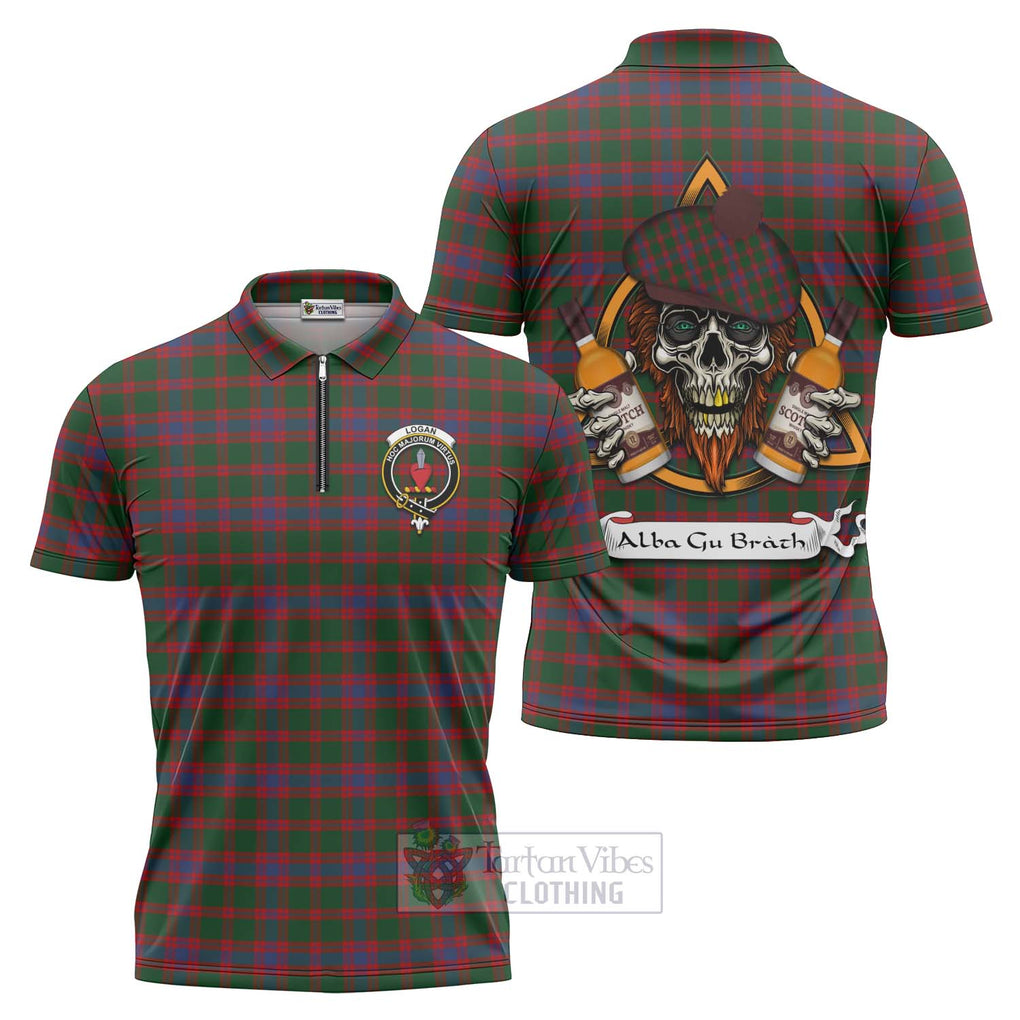 Tartan Vibes Clothing Logan Tartan Zipper Polo Shirt with Family Crest and Bearded Skull Holding Bottles of Whiskey