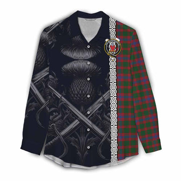 Logan Tartan Women's Casual Shirt with Family Crest Cross Sword Thistle Celtic Vibes