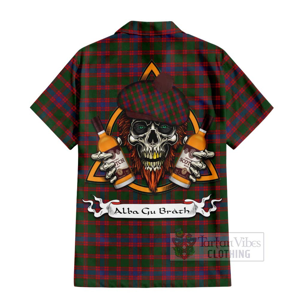 Tartan Vibes Clothing Logan Tartan Short Sleeve Button Shirt with Family Crest and Bearded Skull Holding Bottles of Whiskey