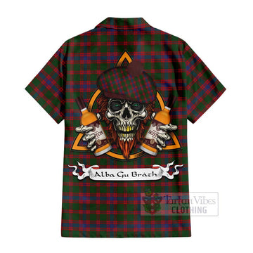 Logan Tartan Short Sleeve Button Shirt with Family Crest and Bearded Skull Holding Bottles of Whiskey