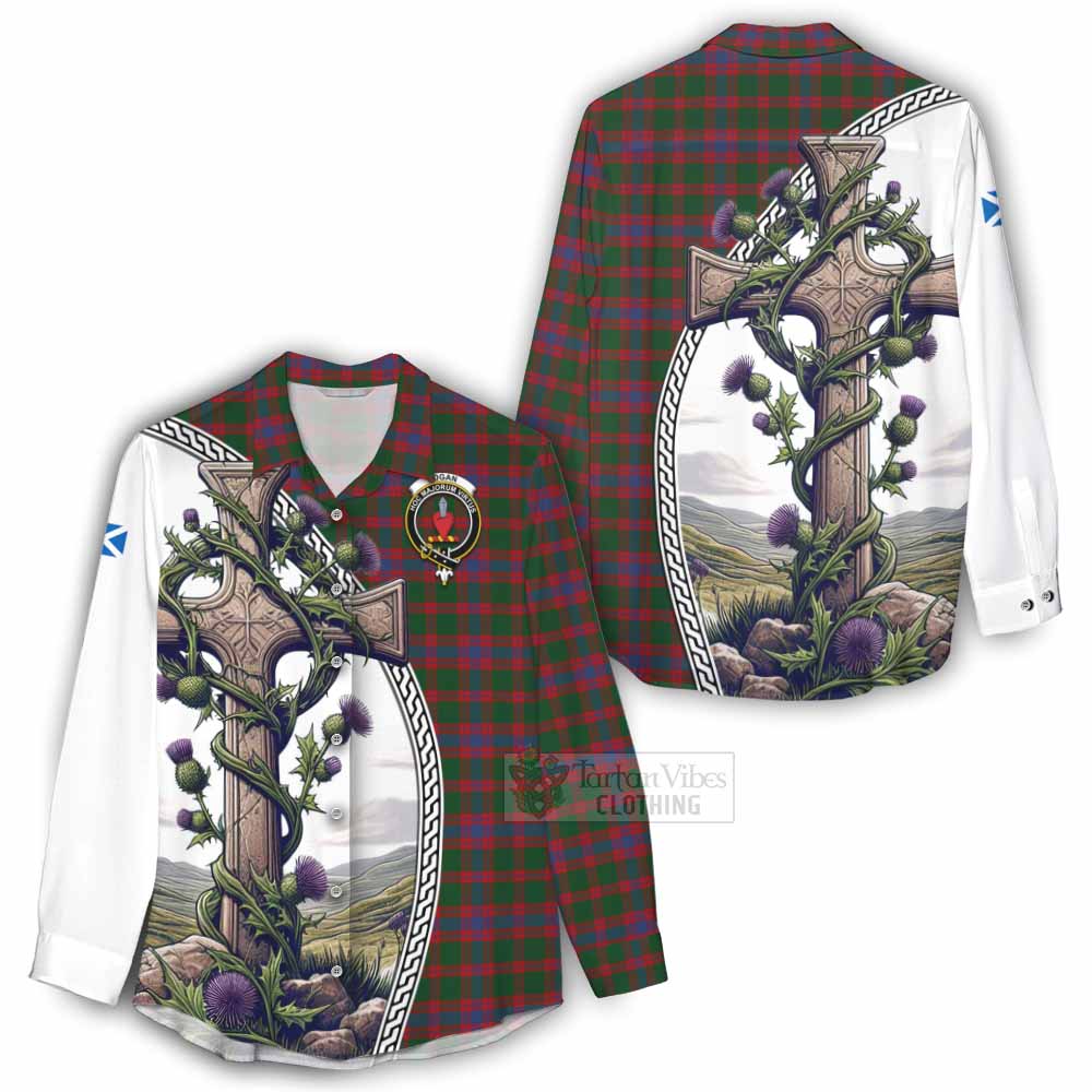 Tartan Vibes Clothing Logan Tartan Women's Casual Shirt with Family Crest and St. Andrew's Cross Accented by Thistle Vines