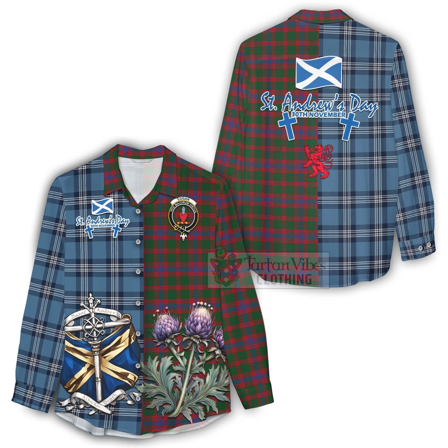 Tartan Vibes Clothing Logan Tartan Women's Casual Shirt Happy St. Andrew's Day Half Tartan Style