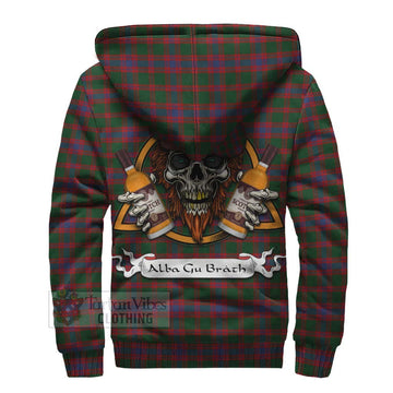 Logan Tartan Sherpa Hoodie with Family Crest and Bearded Skull Holding Bottles of Whiskey