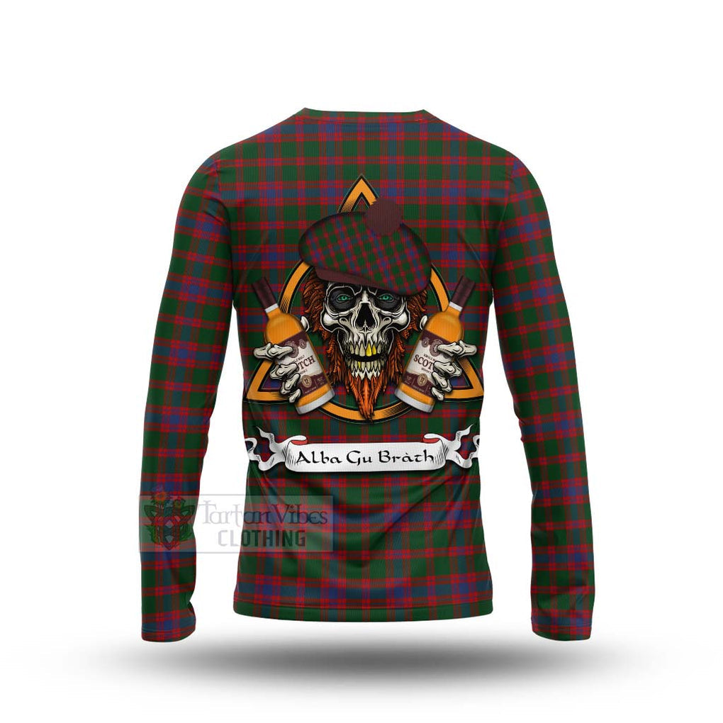 Tartan Vibes Clothing Logan Tartan Long Sleeve T-Shirt with Family Crest and Bearded Skull Holding Bottles of Whiskey