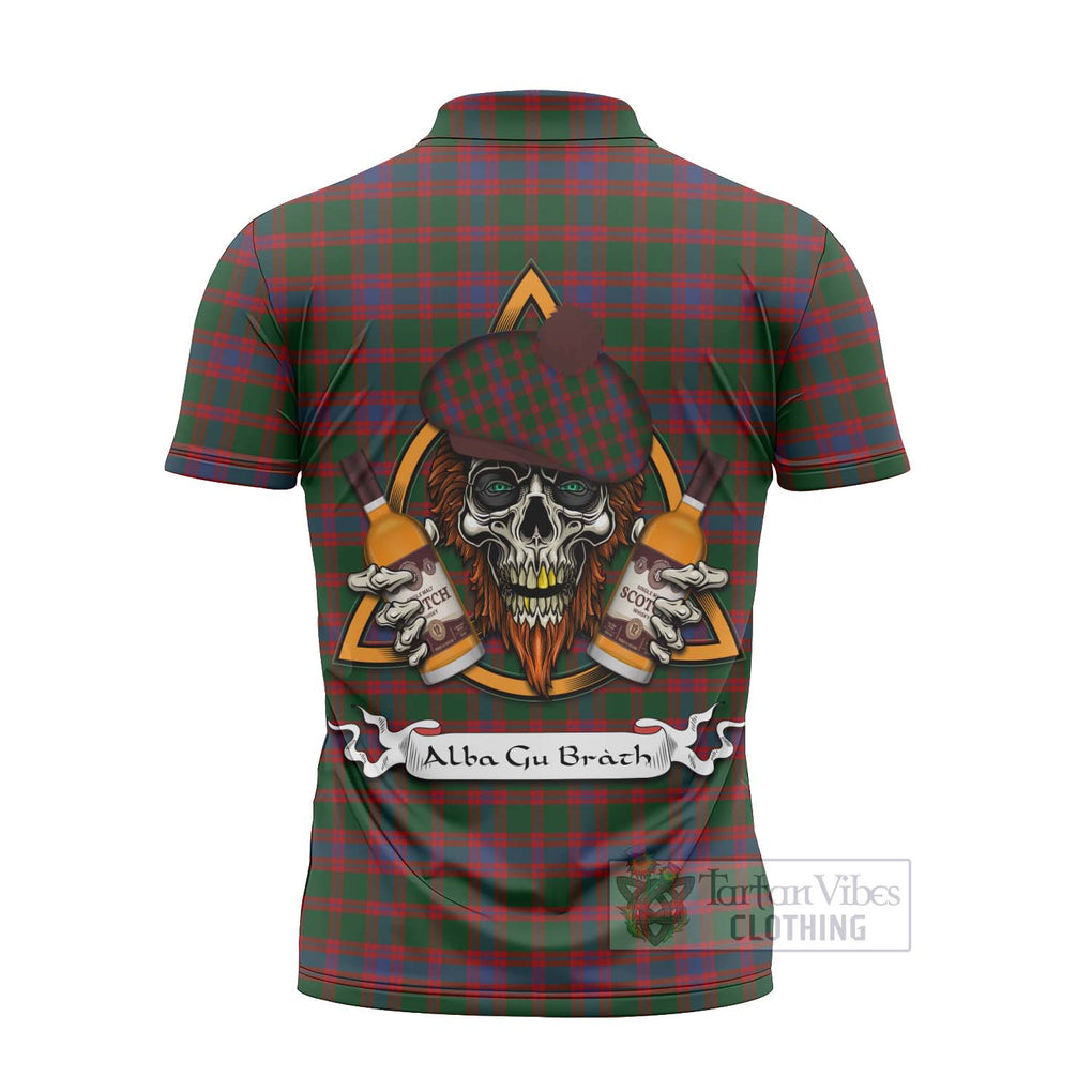 Tartan Vibes Clothing Logan Tartan Zipper Polo Shirt with Family Crest and Bearded Skull Holding Bottles of Whiskey