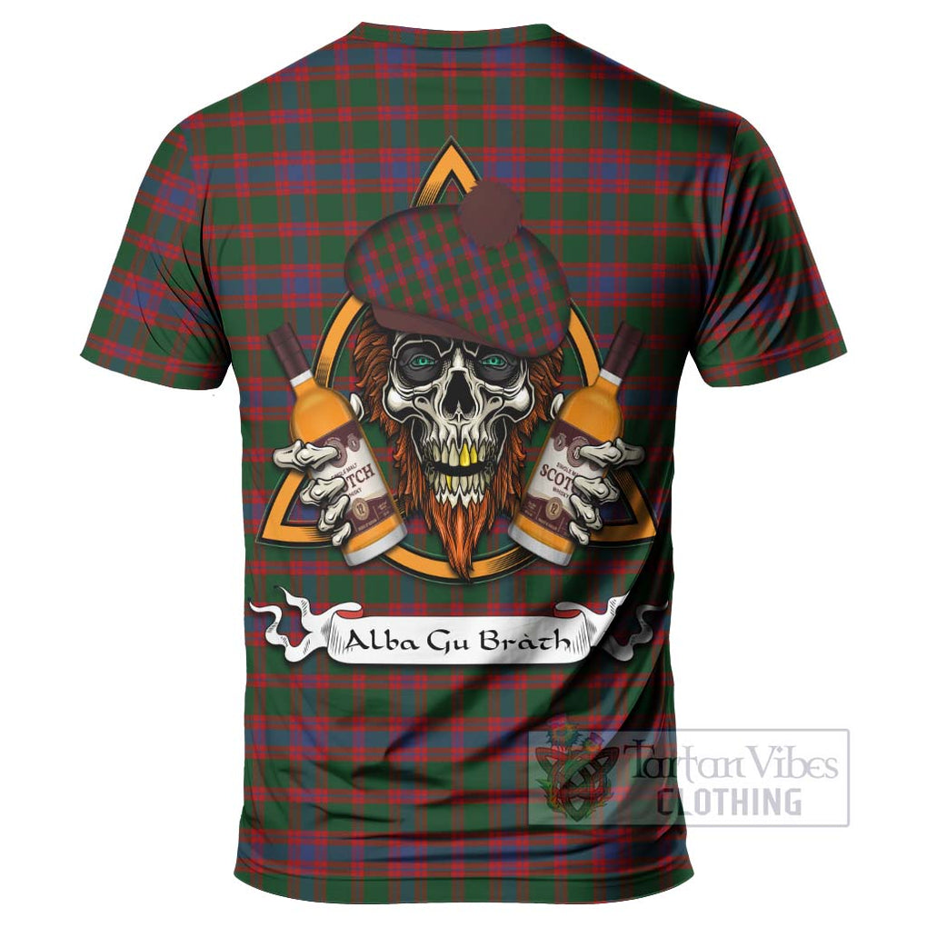 Tartan Vibes Clothing Logan Tartan T-Shirt with Family Crest and Bearded Skull Holding Bottles of Whiskey