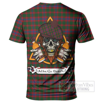 Logan Tartan T-Shirt with Family Crest and Bearded Skull Holding Bottles of Whiskey