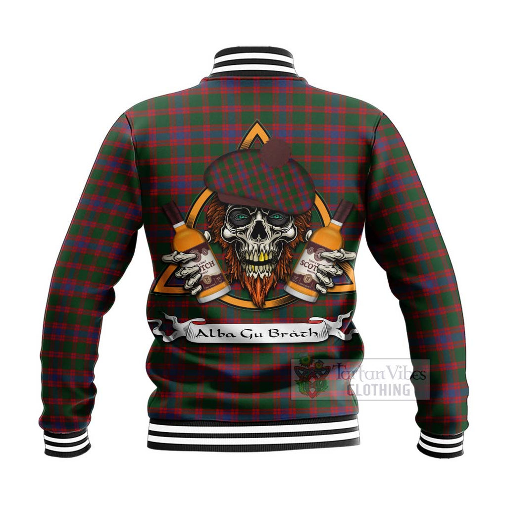 Tartan Vibes Clothing Logan Tartan Baseball Jacket with Family Crest and Bearded Skull Holding Bottles of Whiskey