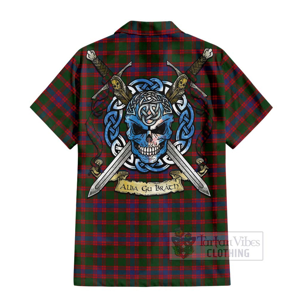 Tartan Vibes Clothing Logan Tartan Short Sleeve Button Shirt with Family Crest Celtic Skull Style