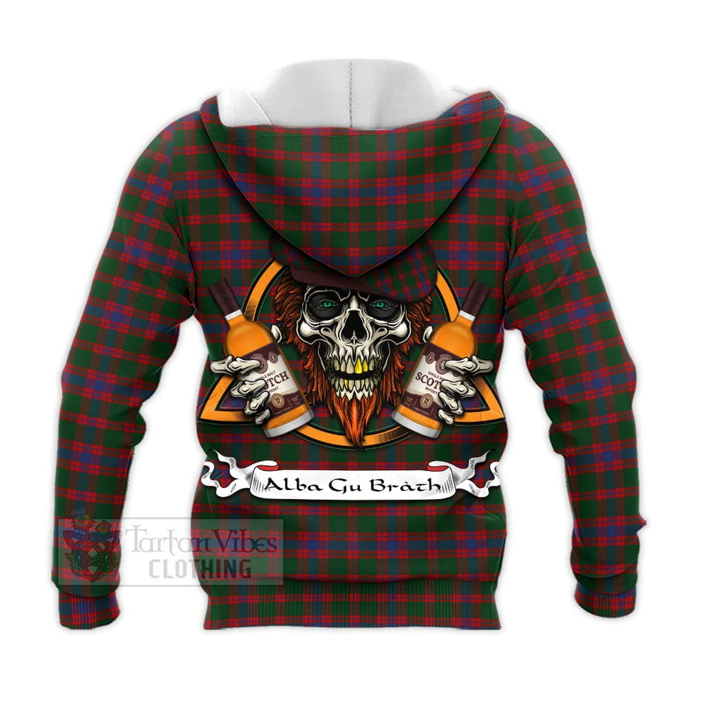 Tartan Vibes Clothing Logan Tartan Knitted Hoodie with Family Crest and Bearded Skull Holding Bottles of Whiskey