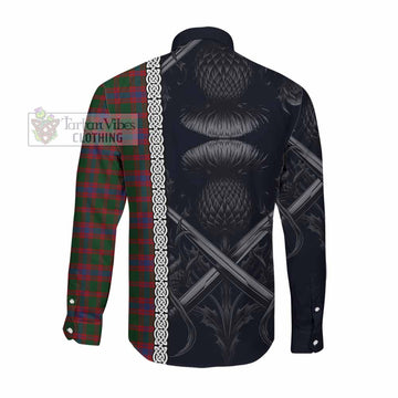 Logan Tartan Long Sleeve Button Shirt with Family Crest Cross Sword Thistle Celtic Vibes