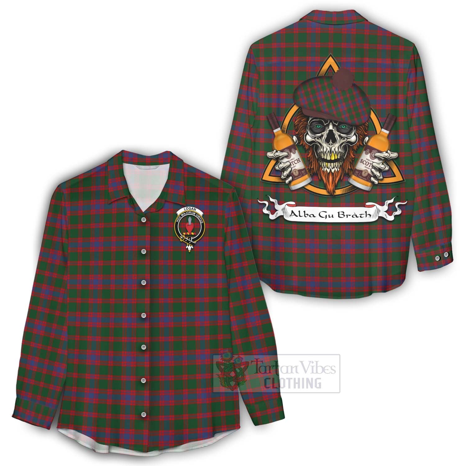 Tartan Vibes Clothing Logan Tartan Women's Casual Shirt with Family Crest and Bearded Skull Holding Bottles of Whiskey