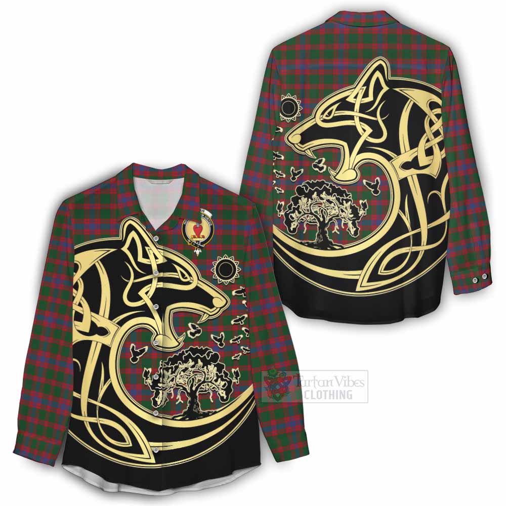 Tartan Vibes Clothing Logan Tartan Women's Casual Shirt with Family Crest Celtic Wolf Style