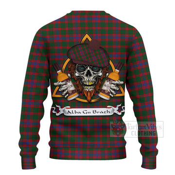 Logan Tartan Ugly Sweater with Family Crest and Bearded Skull Holding Bottles of Whiskey