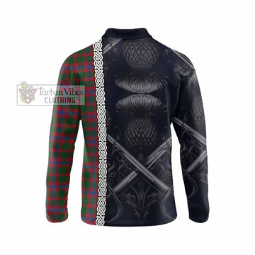 Logan Tartan Long Sleeve Polo Shirt with Family Crest Cross Sword Thistle Celtic Vibes