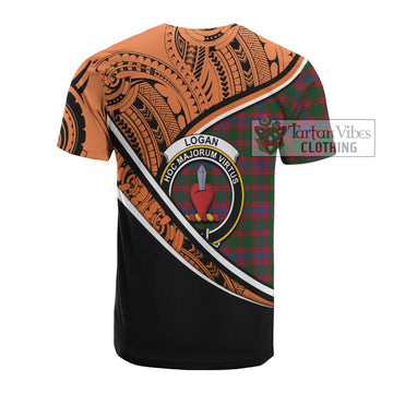 Logan Crest Tartan Cotton T-shirt with Polynesian Vibes Style - Orange Version