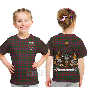 Logan Tartan Kid T-Shirt with Family Crest and Bearded Skull Holding Bottles of Whiskey