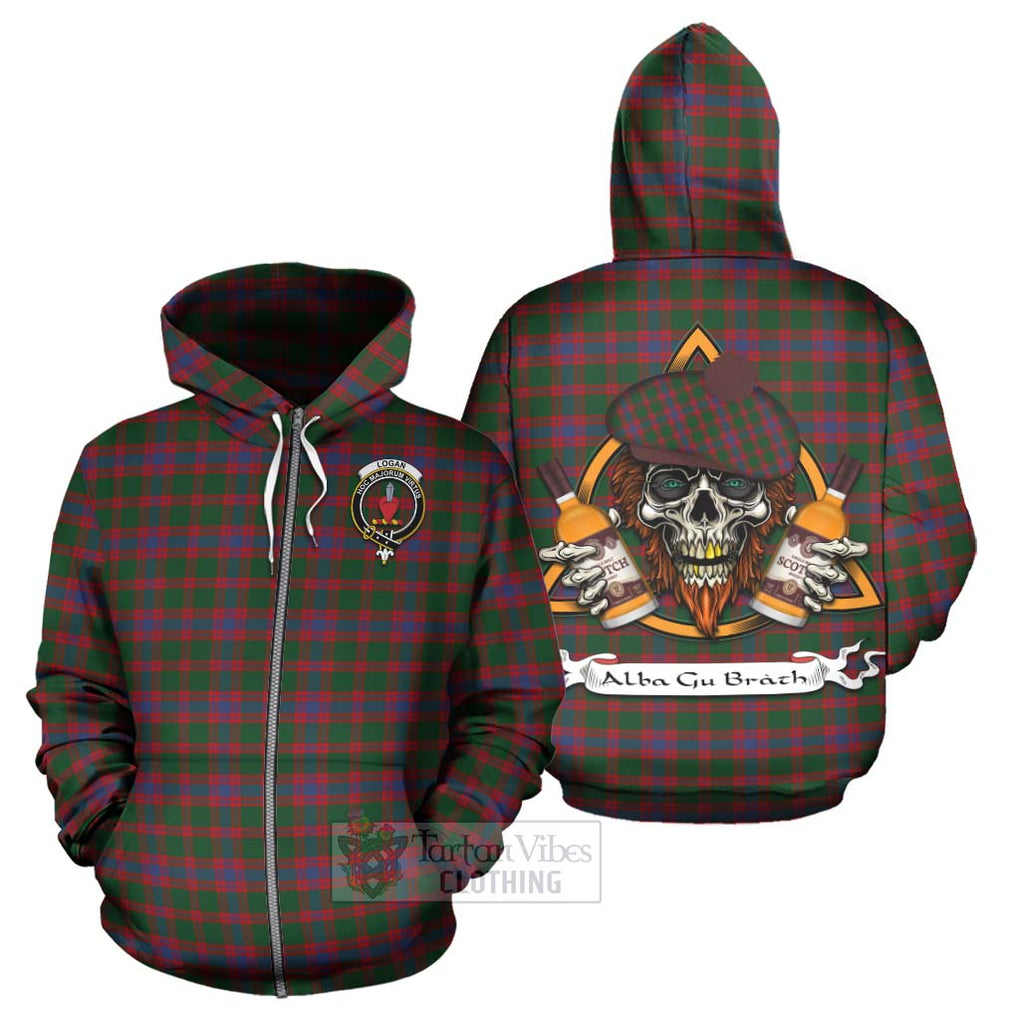 Tartan Vibes Clothing Logan Tartan Hoodie with Family Crest and Bearded Skull Holding Bottles of Whiskey