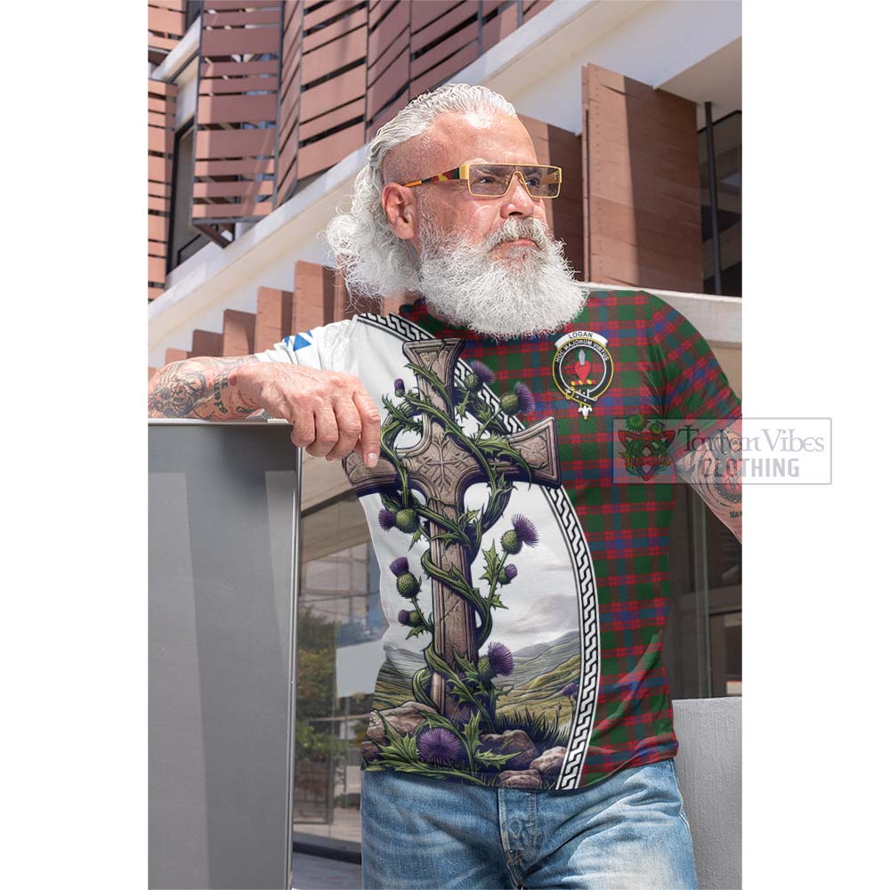 Tartan Vibes Clothing Logan Tartan Cotton T-shirt with Family Crest and St. Andrew's Cross Accented by Thistle Vines