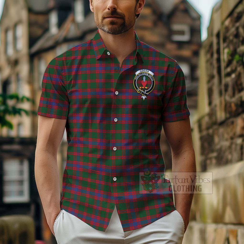 Tartan Vibes Clothing Logan Tartan Short Sleeve Button Shirt with Family Crest Celtic Skull Style